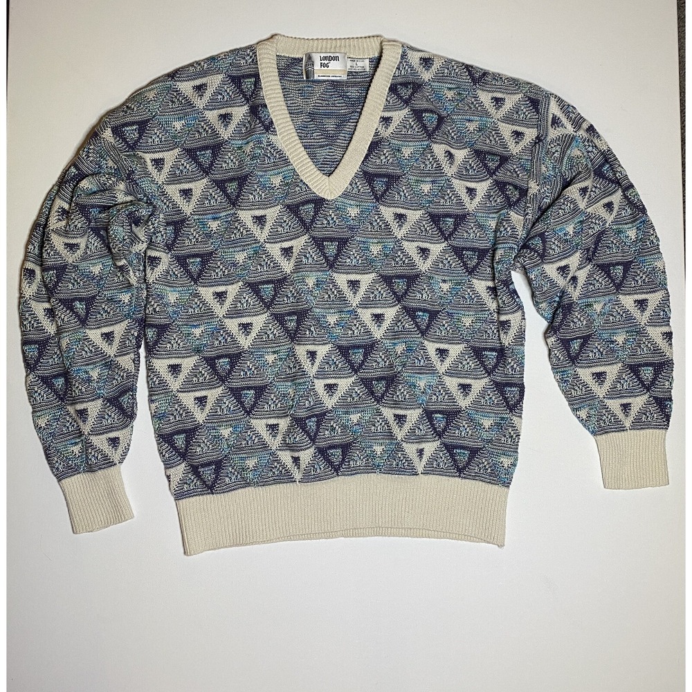 VTG London Fog Sweater Mens Large Blue Geometric Cabin USA Made 90s V-Neck Knit